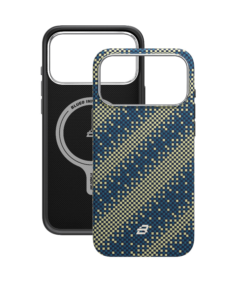 Custodia Premium in Fibra di Aramidica 100% Kevlar Intrecciata Galaxy con Finitura Dorata e Tattile