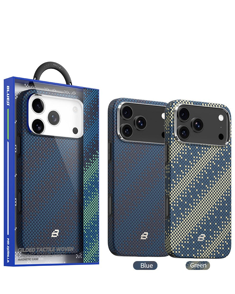 Custodia Premium in Fibra di Aramidica 100% Kevlar Intrecciata Galaxy con Finitura Dorata e Tattile